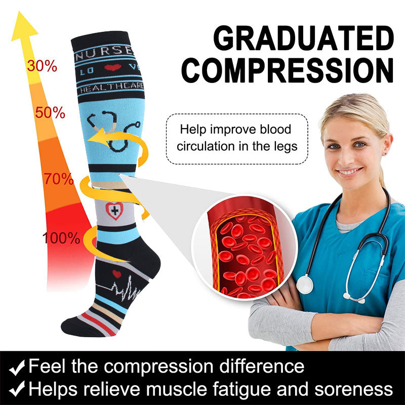 6 Pairs Knee-High Compression Socks with Medical-Themed Pattern, Sports Stockings for Nurses & Everyday Wear