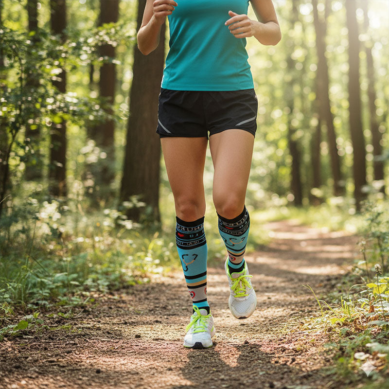 6 Pairs Knee-High Compression Socks with Medical-Themed Pattern, Sports Stockings for Nurses & Everyday Wear