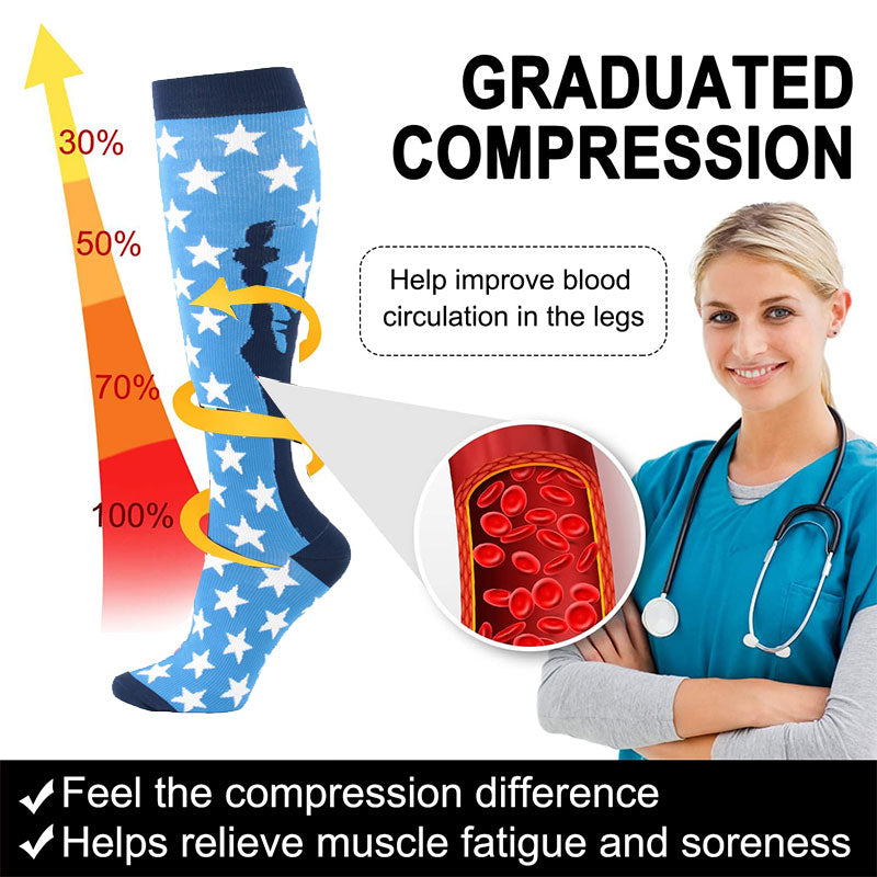 3 Pairs Knee High Compression Socks for Women & Men – US Flag Pattern Sports Stockings for Nursing, Running & Fitness