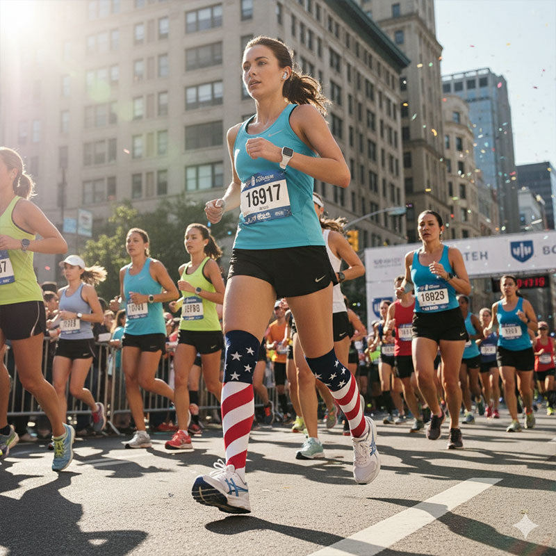 3 Pairs Knee High Compression Socks for Women & Men – US Flag Pattern Sports Stockings for Nursing, Running & Fitness