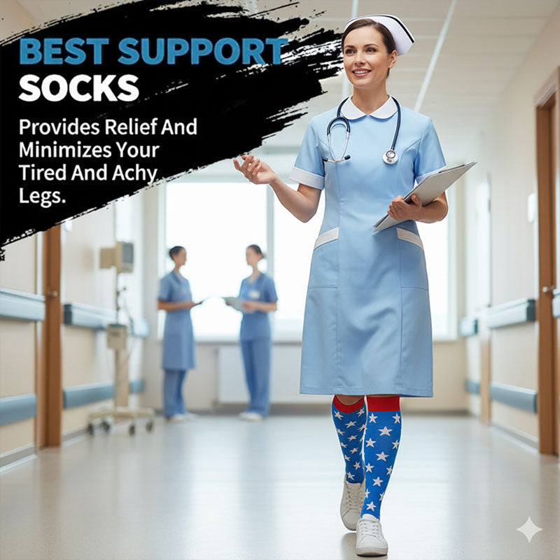 3 Pairs Knee High Compression Socks for Women & Men – US Flag Pattern Sports Stockings for Nursing, Running & Fitness