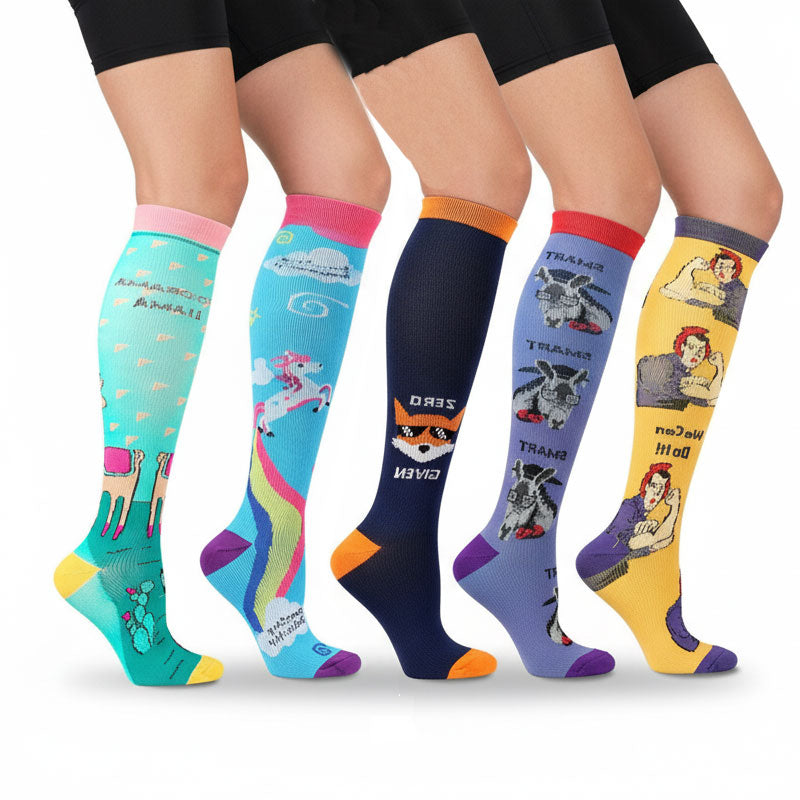 Knee High Compression Socks for Women – Animal Cartoon Pattern Stockings for Pregnancy, Maternity, Everyday Wear & Recovery