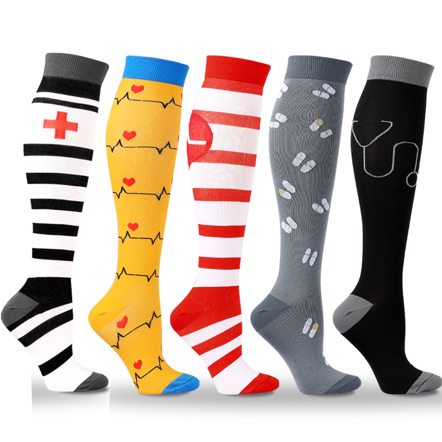 5 Pairs Knee High Compression Socks – Stethoscope & Red Cross Pattern Stockings for Nursing, Healthcare & Everyday Wear