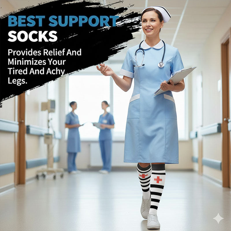 5 Pairs Knee High Compression Socks – Stethoscope & Red Cross Pattern Stockings for Nursing, Healthcare & Everyday Wear