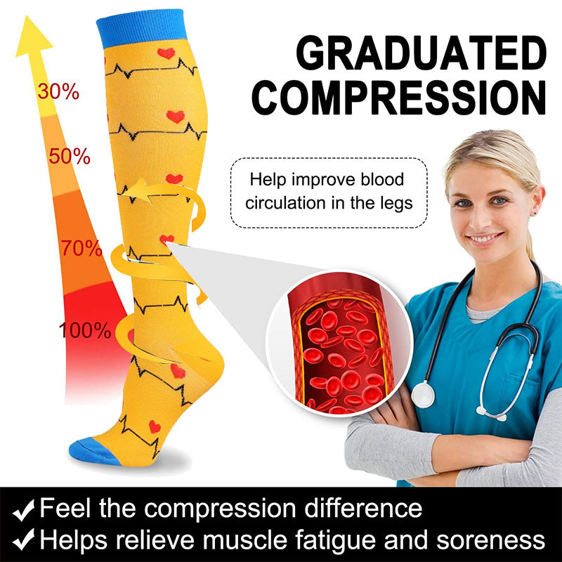 5 Pairs Knee High Compression Socks – Stethoscope & Red Cross Pattern Stockings for Nursing, Healthcare & Everyday Wear