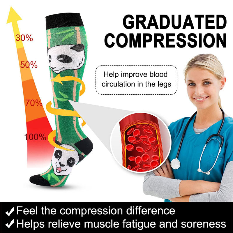 Knee High Compression Flight Socks – Animal Cartoon Pattern for Travel, Hiking & Outdoor Activities