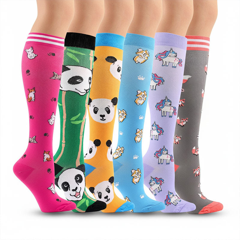 Knee High Compression Flight Socks – Animal Cartoon Pattern for Travel, Hiking & Outdoor Activities