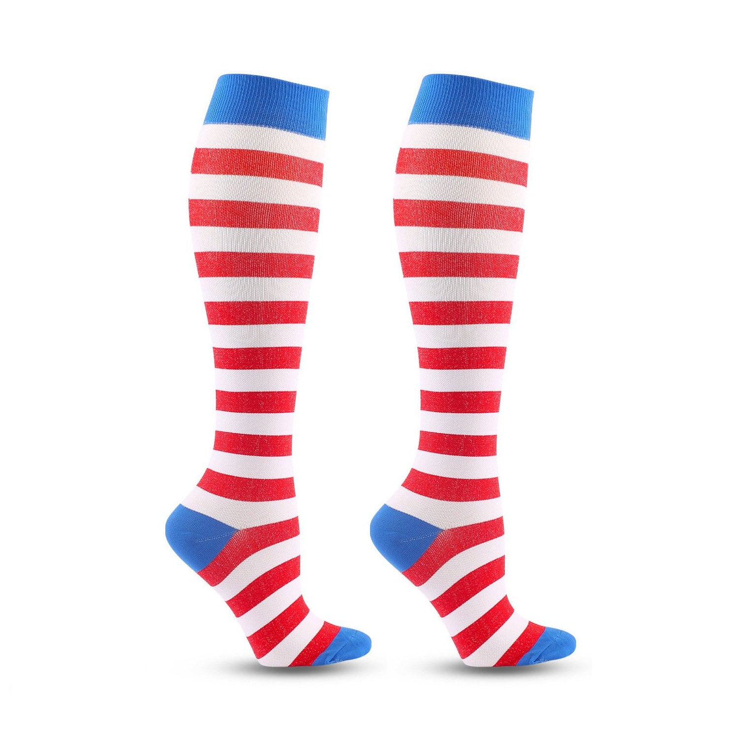 Knee High Compression Socks for Women & Men – Red Stripe Pattern Sports Nylon Stockings for Hiking, Outdoor & Recovery