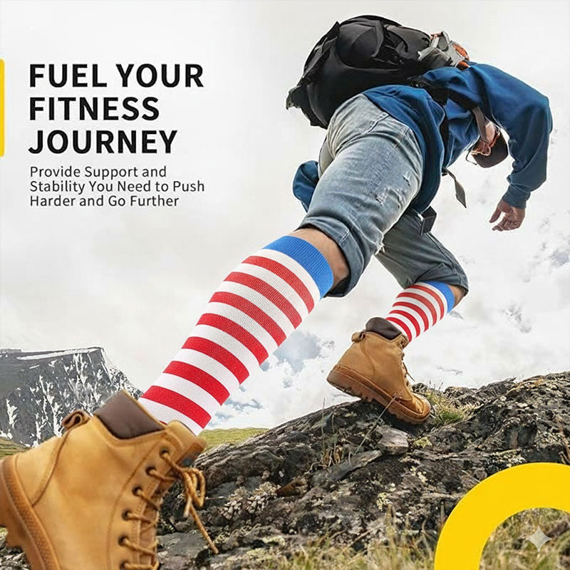 Knee High Compression Socks for Women & Men – Red Stripe Pattern Sports Nylon Stockings for Hiking, Outdoor & Recovery