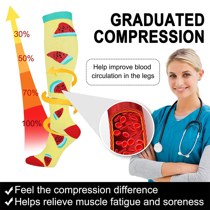 6 Pairs Knee High Compression Socks – Fruit Pattern Sports Stockings for Flight Travel, Running & Athletics