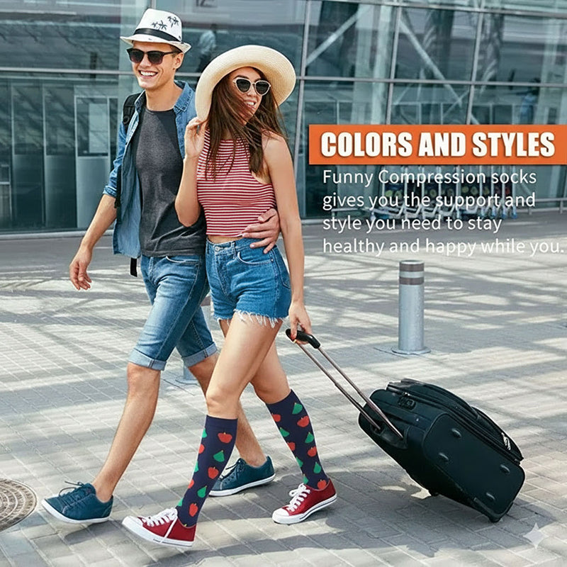 6 Pairs Knee High Compression Socks – Fruit Pattern Sports Stockings for Flight Travel, Running & Athletics