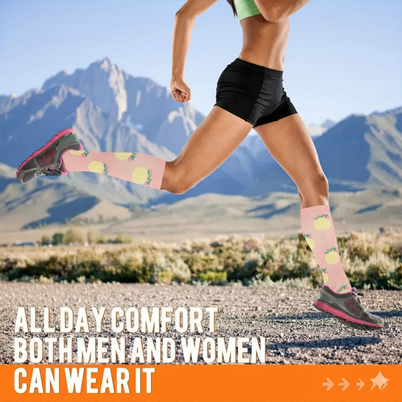 6 Pairs Knee-High Compression Socks Fruits Bee Cactus Pattern Sports Stockings for hiking outdoor activities pregnant