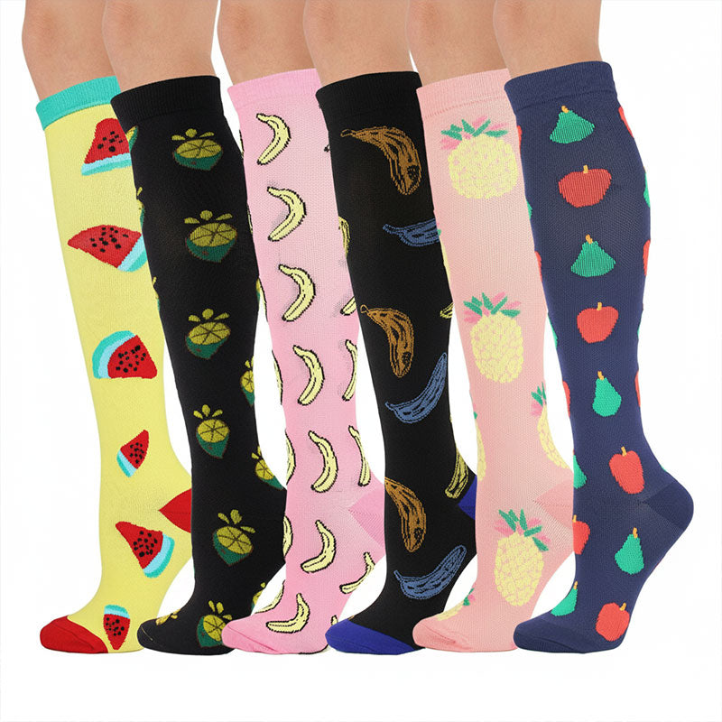 6 Pairs Knee High Compression Socks – Fruit Pattern Sports Stockings for Flight Travel, Running & Athletics