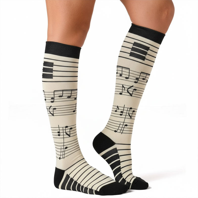 Compression Socks Knee High Music Note Design Gray Stockings for Flight Travel Sports Hiking