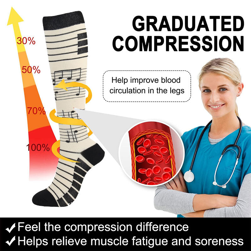 Compression Socks Knee High Music Note Design Gray Stockings for Flight Travel Sports Hiking
