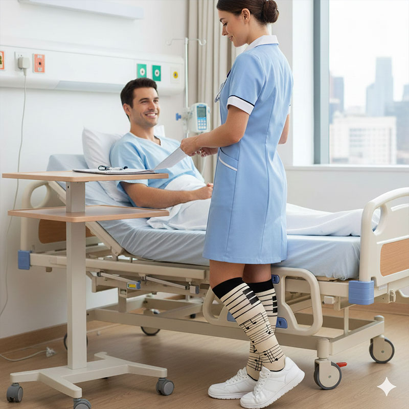 Compression Socks Knee High Music Note Design Gray Stockings for Flight Travel Sports Hiking