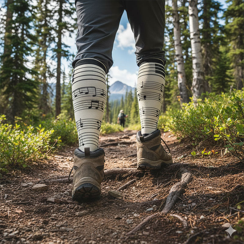 Compression Socks Knee High Music Note Design Gray Stockings for Flight Travel Sports Hiking
