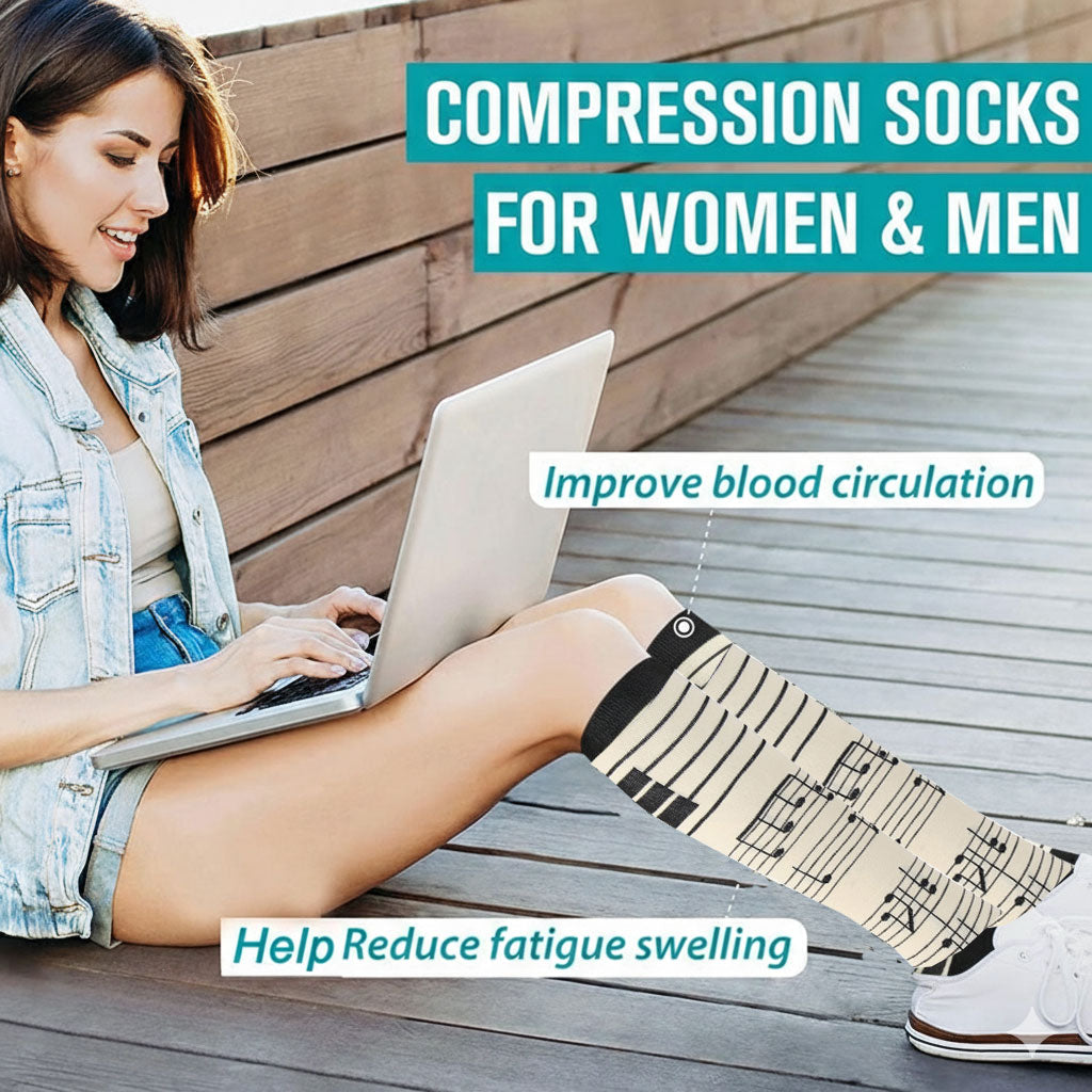Compression Socks Knee High Music Note Design Gray Stockings for Flight Travel Sports Hiking
