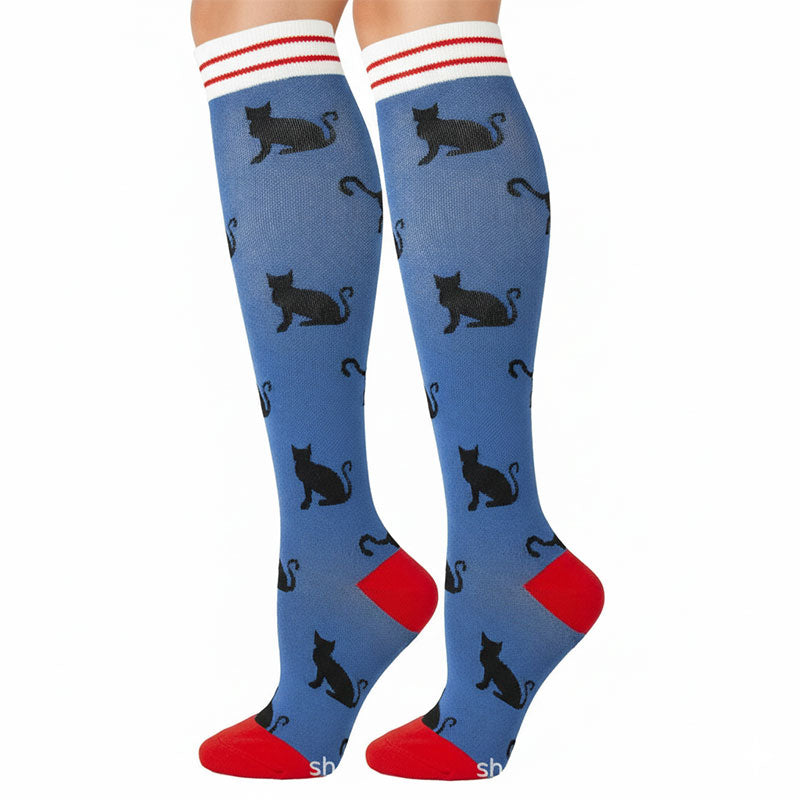 Knee-High Compression Socks for Women & Men, Cat Pattern Sports Stockings for Nursing, Healthcare, Running & Athletics