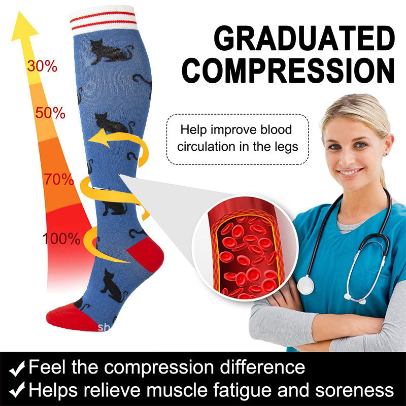 Knee-High Compression Socks for Women & Men, Cat Pattern Sports Stockings for Nursing, Healthcare, Running & Athletics