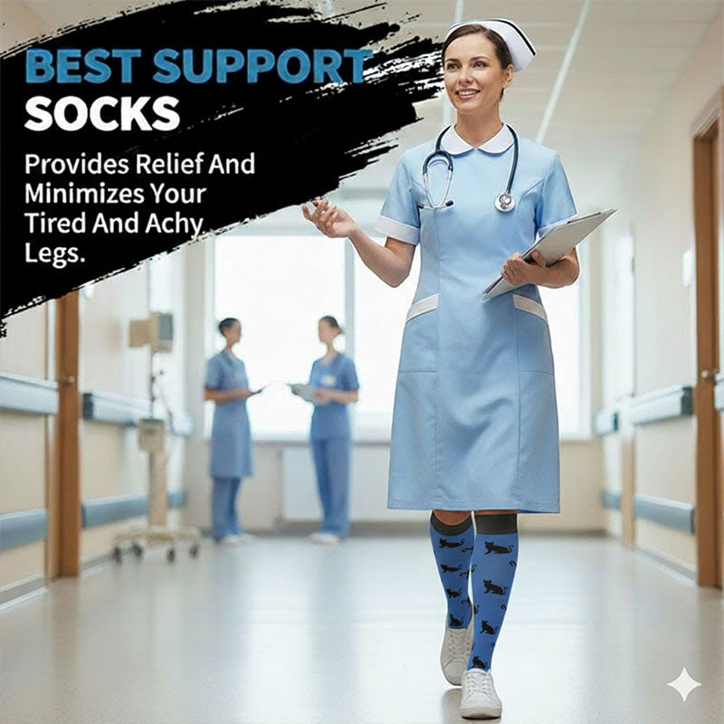 Knee-High Compression Socks for Women & Men, Cat Pattern Sports Stockings for Nursing, Healthcare, Running & Athletics