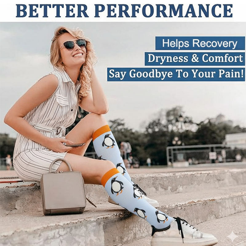 Knee-High Compression Socks for Women, Penguin Pattern Sports Stockings for Recovery & Everyday Wear