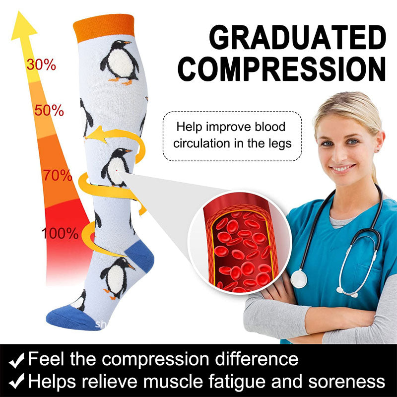 Knee-High Compression Socks for Women, Penguin Pattern Sports Stockings for Recovery & Everyday Wear