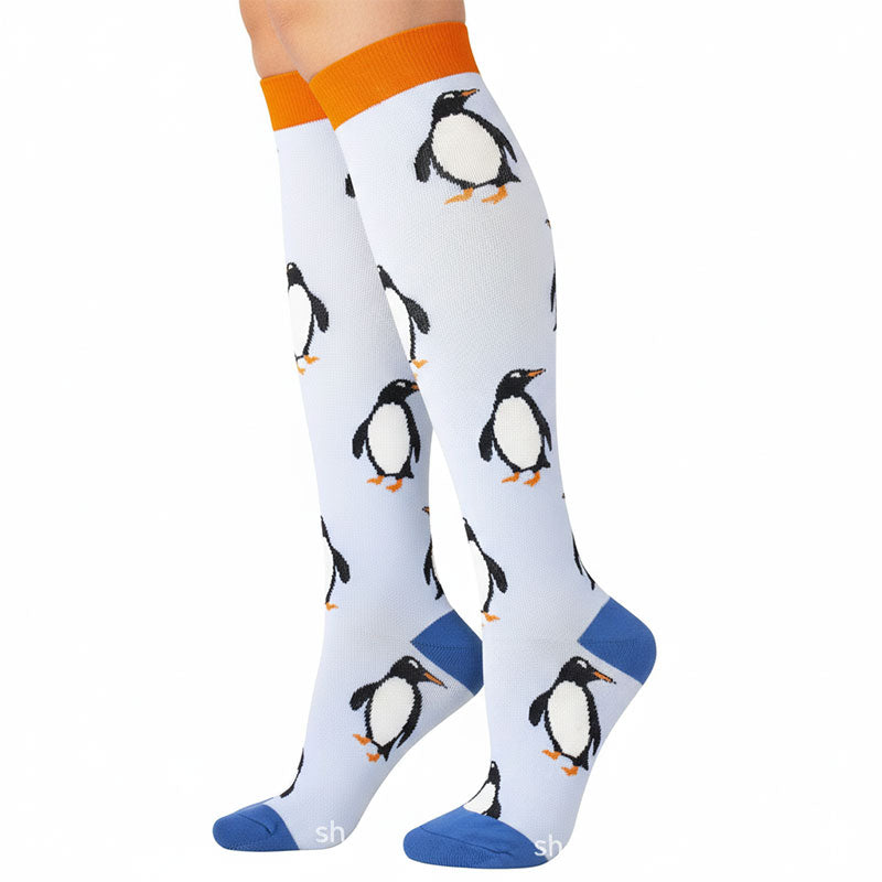 Knee-High Compression Socks for Women, Penguin Pattern Sports Stockings for Recovery & Everyday Wear