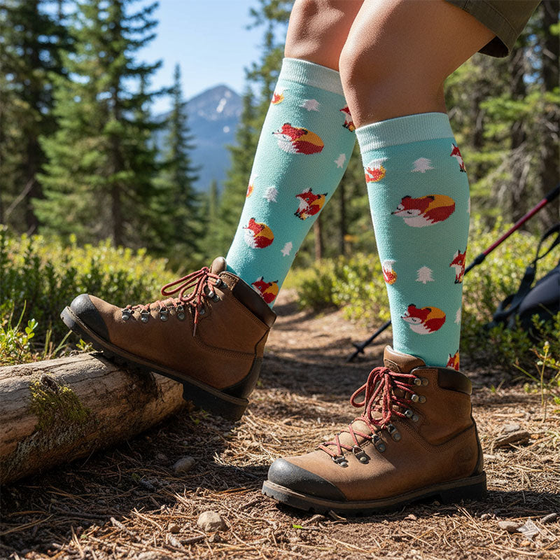 Knee-High Compression Socks for Men & Women, Fox Pattern Sports Stockings for Travel, Flight, Outdoor & Hiking