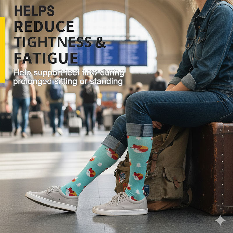 Knee-High Compression Socks for Men & Women, Fox Pattern Sports Stockings for Travel, Flight, Outdoor & Hiking