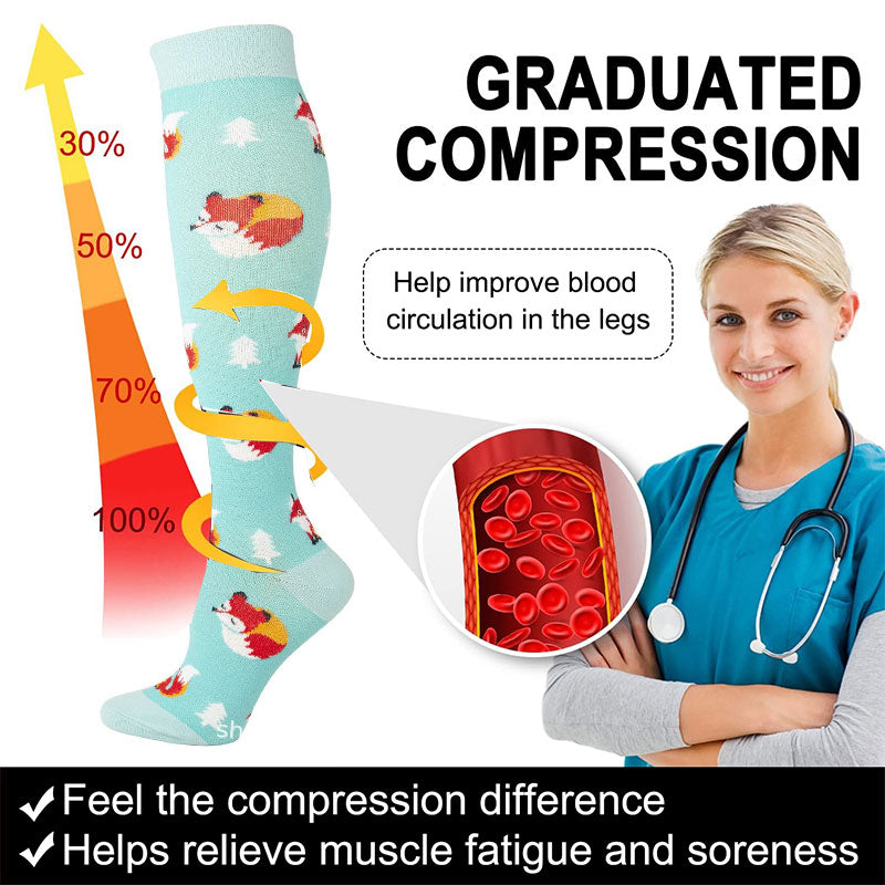 Knee-High Compression Socks for Men & Women, Fox Pattern Sports Stockings for Travel, Flight, Outdoor & Hiking