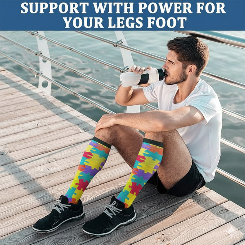 Knee High Compression Socks for Women & Men – Puzzle Pattern Sports Nylon Stockings for Travel, Flight, Hiking & Outdoor Use