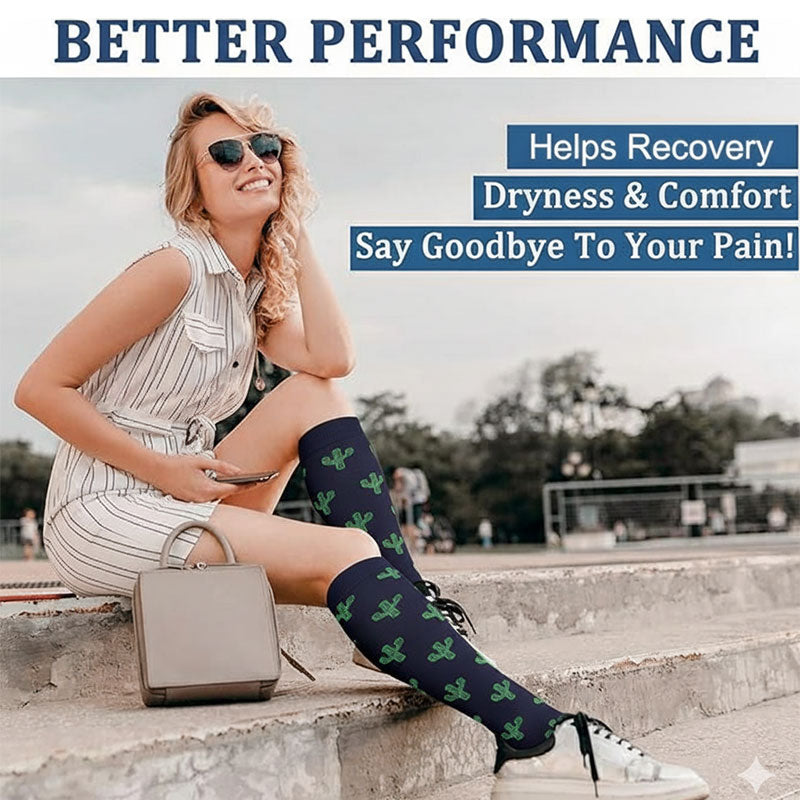 Knee-High Compression Socks for Men & Women, Cactus Pattern Sports Stockings for Travel & Recovery