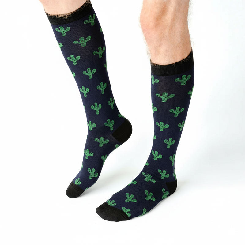 Knee-High Compression Socks for Men & Women, Cactus Pattern Sports Stockings for Travel & Recovery