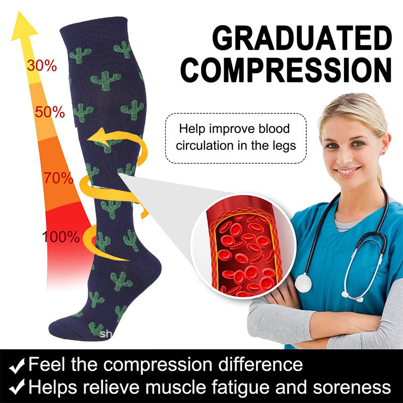 Knee-High Compression Socks for Men & Women, Cactus Pattern Sports Stockings for Travel & Recovery
