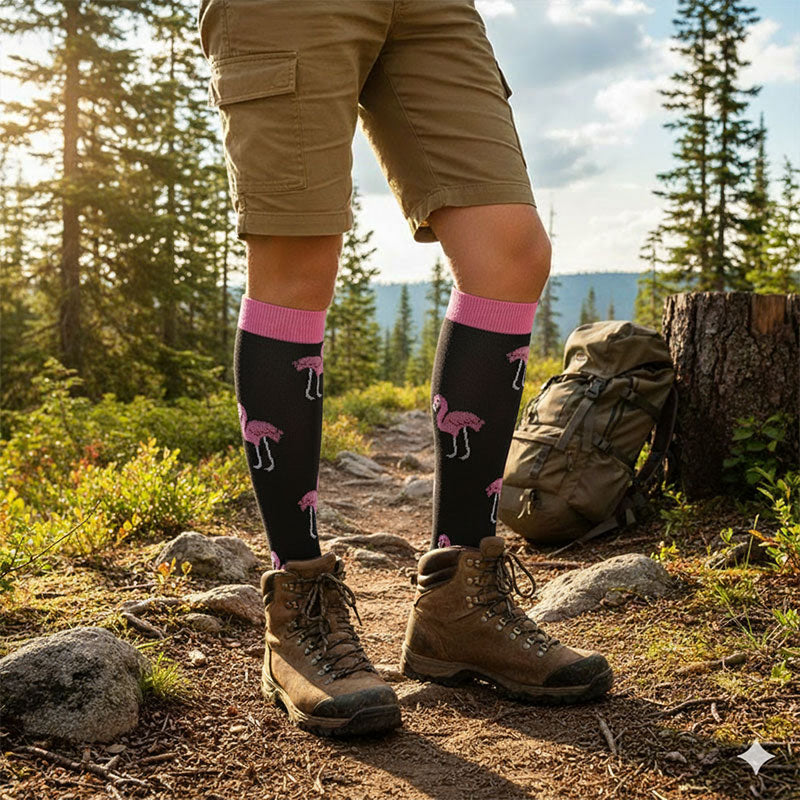 Knee-High Compression Socks for Men & Women, Flamingo Pattern Sports Stockings for Running, Outdoor & Hiking