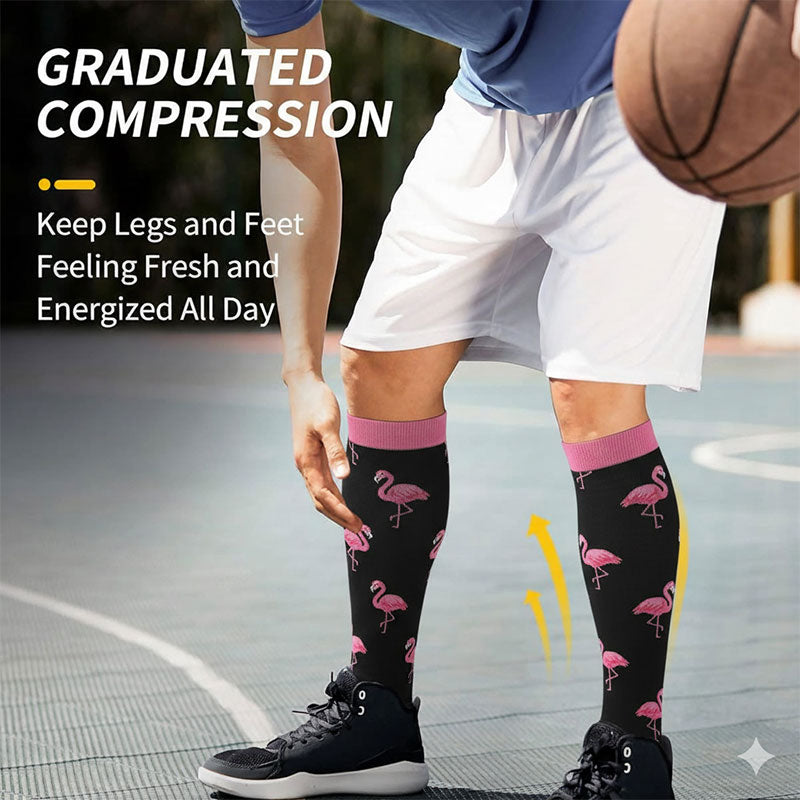 Knee-High Compression Socks for Men & Women, Flamingo Pattern Sports Stockings for Running, Outdoor & Hiking
