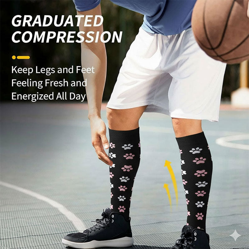 Knee-High Compression Socks for Men & Women, Dog Paw Pattern Sports Stockings for Running, Hiking & Outdoor Activities