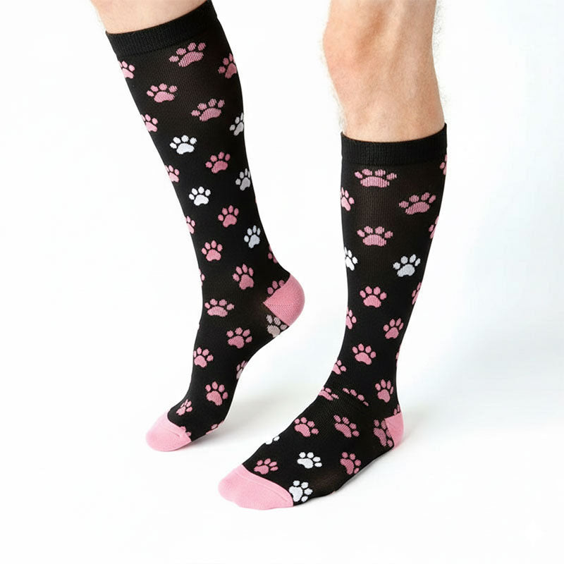 Knee-High Compression Socks for Men & Women, Dog Paw Pattern Sports Stockings for Running, Hiking & Outdoor Activities