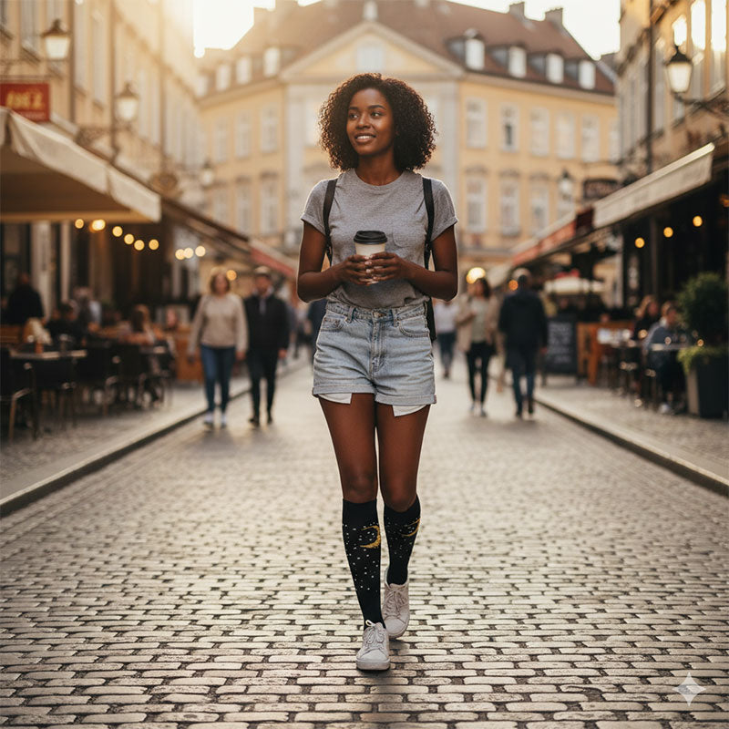 Knee-High Compression Flight Socks for Travel, Hiking & Outdoor Activities – Black Moon Pattern