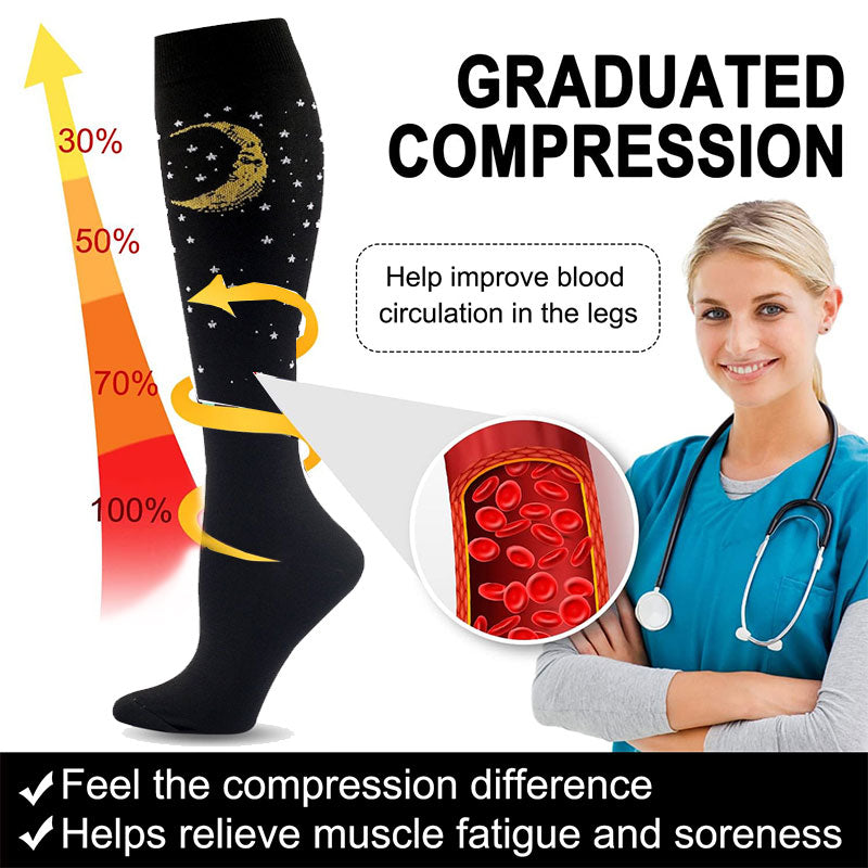 Knee-High Compression Flight Socks for Travel, Hiking & Outdoor Activities – Black Moon Pattern