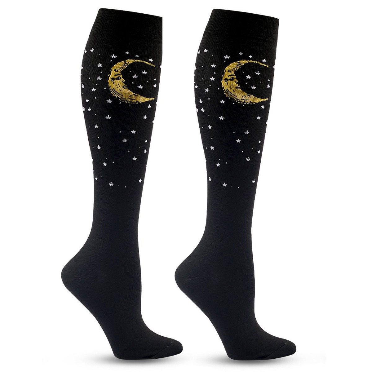 Knee-High Compression Flight Socks for Travel, Hiking & Outdoor Activities – Black Moon Pattern