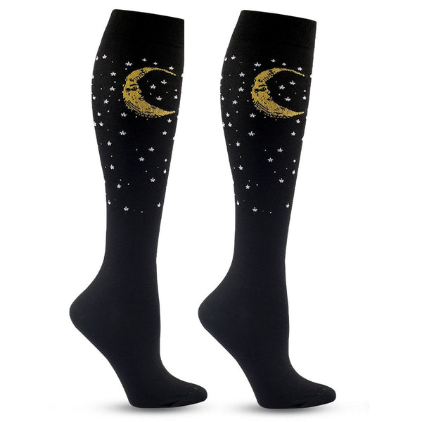 Knee-High Compression Flight Socks for Travel, Hiking & Outdoor Activities – Black Moon Pattern