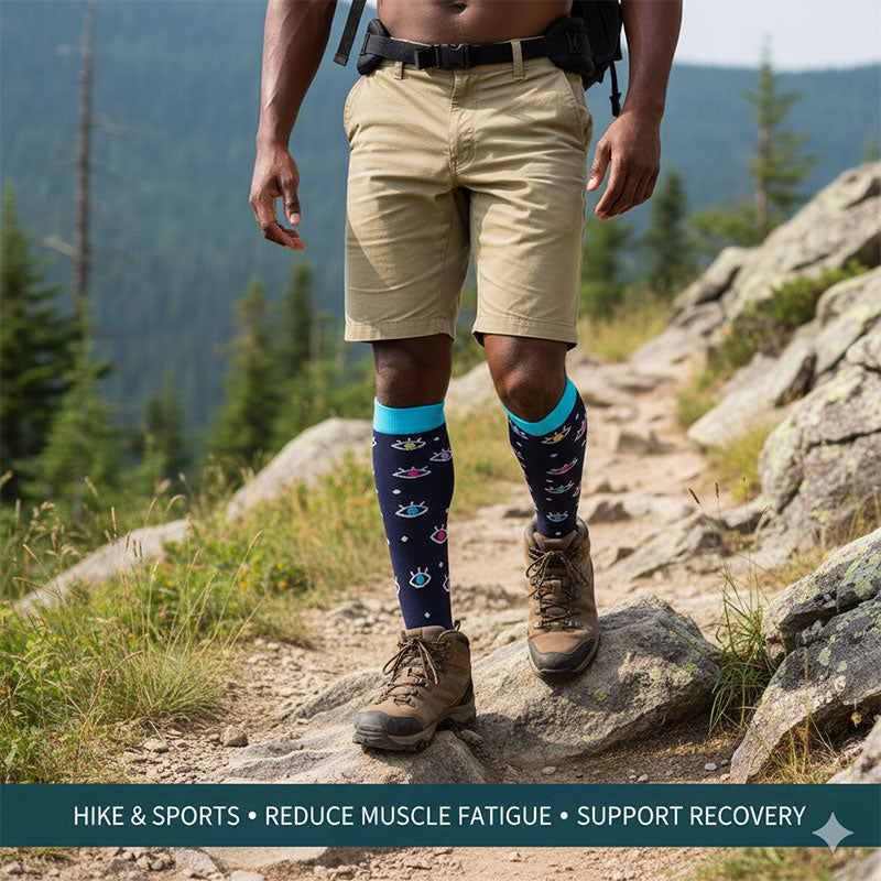 Knee-High Compression Socks for Men & Women, Evil Eyes Pattern Sports Stockings for Travel, Flight & Hiking