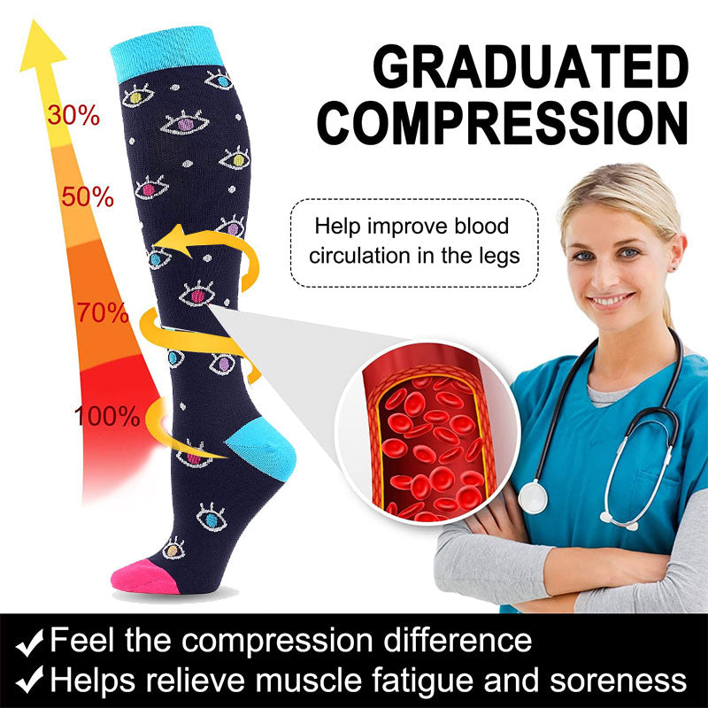 Knee-High Compression Socks for Men & Women, Evil Eyes Pattern Sports Stockings for Travel, Flight & Hiking