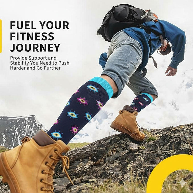 Knee-High Compression Socks for Men & Women, Evil Eyes Pattern Sports Stockings for Travel, Flight & Hiking