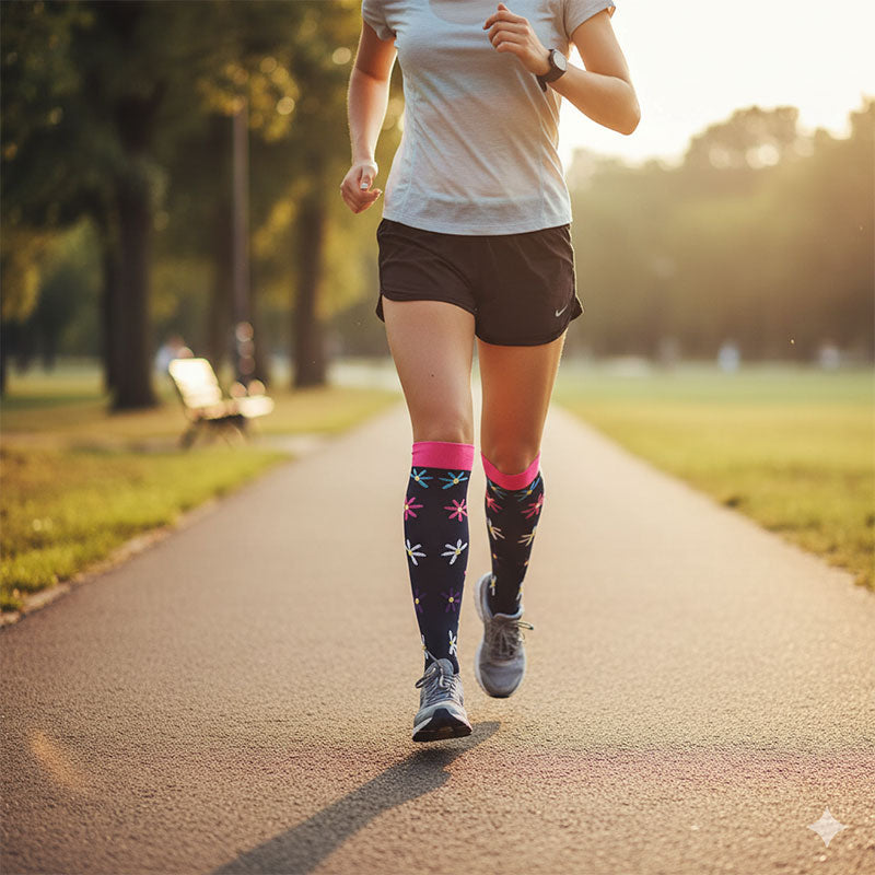 Knee-High Compression Socks for Men & Women, Black Flower Pattern Sports Stockings for Running, Hiking, Soccer & Basketball