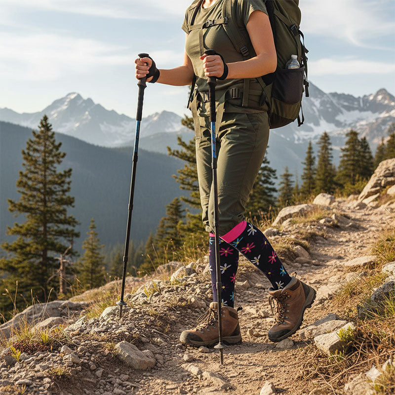 Knee-High Compression Socks for Men & Women, Black Flower Pattern Sports Stockings for Running, Hiking, Soccer & Basketball