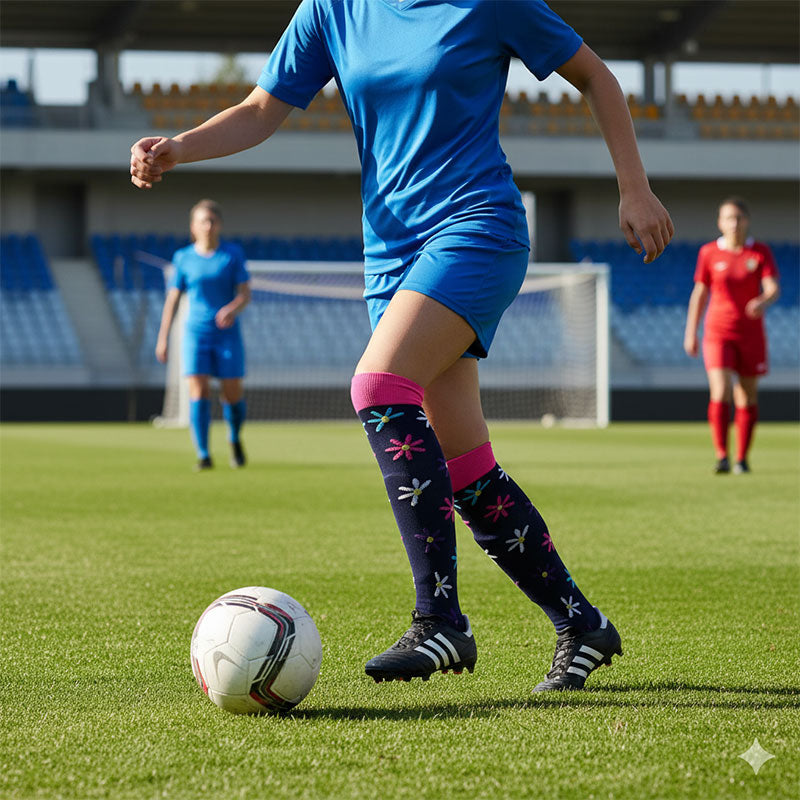 Knee-High Compression Socks for Men & Women, Black Flower Pattern Sports Stockings for Running, Hiking, Soccer & Basketball