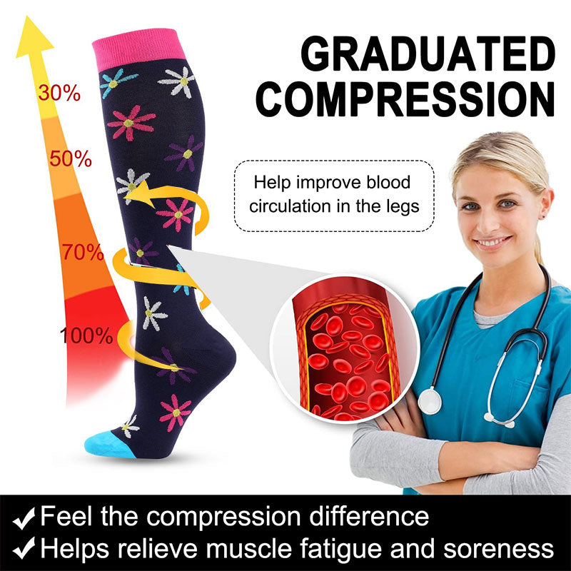Knee-High Compression Socks for Men & Women, Black Flower Pattern Sports Stockings for Running, Hiking, Soccer & Basketball